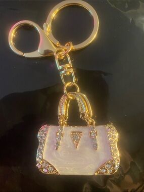 Cream Enamel & Gold Crystal Purse Keychain or Bag Charm